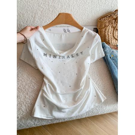 BY22389# ～法式短袖T恤女夏季重工烫钻性感上衣柔软褶皱收腰正肩短袖 服裝批發女裝批發服飾貨源
