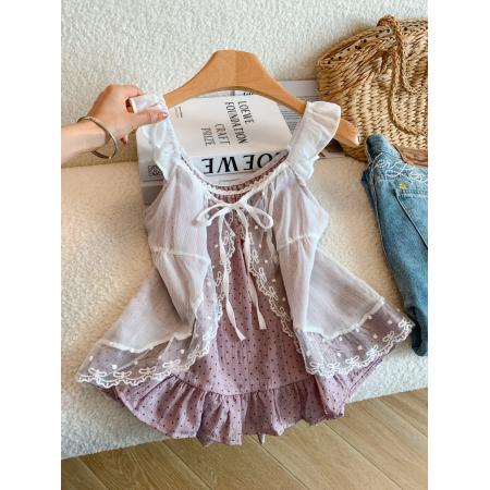 BY22390# 蕾丝系带波点假两件吊带背心女夏季新款独特绝美上衣 服裝批發女裝批發服飾貨源