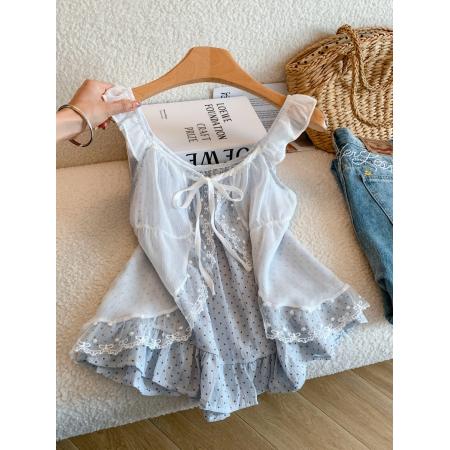BY22390# 蕾丝系带波点假两件吊带背心女夏季新款独特绝美上衣 服裝批發女裝批發服飾貨源