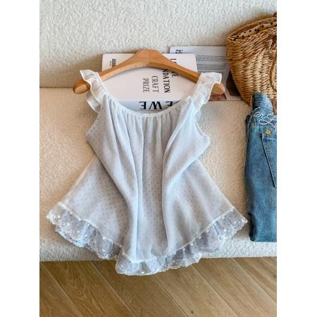 BY22390# 蕾丝系带波点假两件吊带背心女夏季新款独特绝美上衣 服裝批發女裝批發服飾貨源