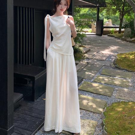 BY22392# 新款夏日一整套ootd松弛感女神范白色无袖上衣裤子两件套装女 服裝批發女裝批發服飾貨源