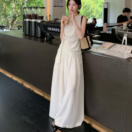 BY22392# 新款夏日一整套ootd松弛感女神范白色无袖上衣裤子两件套装女 服裝批發女裝批發服飾貨源