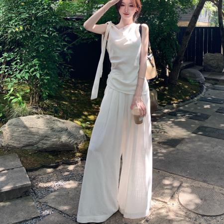 BY22392# 新款夏日一整套ootd松弛感女神范白色无袖上衣裤子两件套装女 服裝批發女裝批發服飾貨源