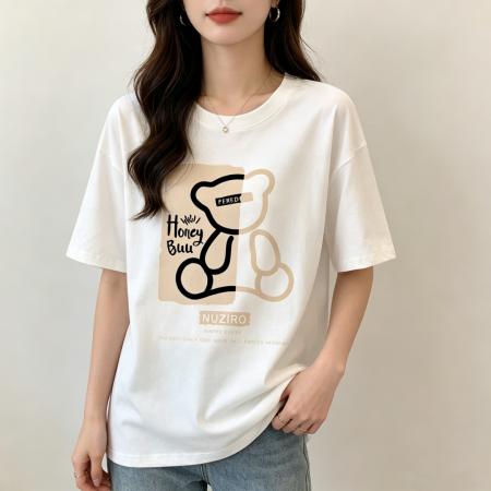 BY22405# 夏季新款棉精梳纯棉小熊印花夏装短袖T恤女宽松韩版女 服裝批發女裝批發服飾貨源