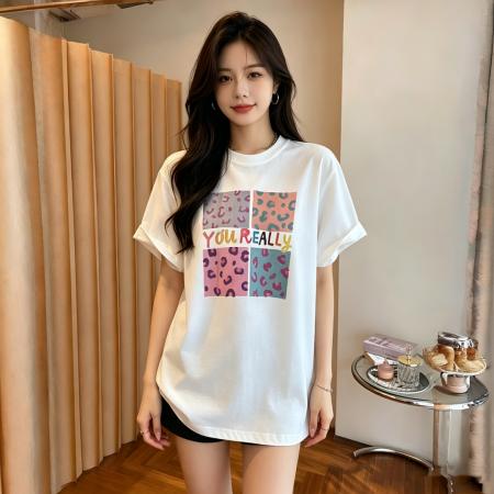 BY22407# 四宫格豹纹夏季21支纯棉短袖印花T恤女宽松大码 服裝批發女裝批發服飾貨源