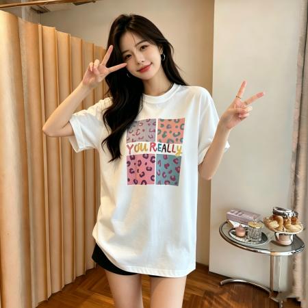 BY22407# 四宫格豹纹夏季21支纯棉短袖印花T恤女宽松大码 服裝批發女裝批發服飾貨源