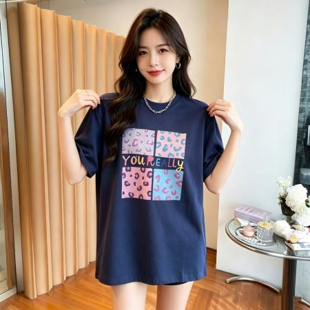 BY22407# 四宫格豹纹夏季21支纯棉短袖印花T恤女宽松大码 服裝批發女裝批發服飾貨源