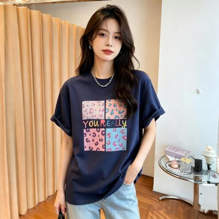 BY22407# 四宫格豹纹夏季21支纯棉短袖印花T恤女宽松大码 服裝批發女裝批發服飾貨源