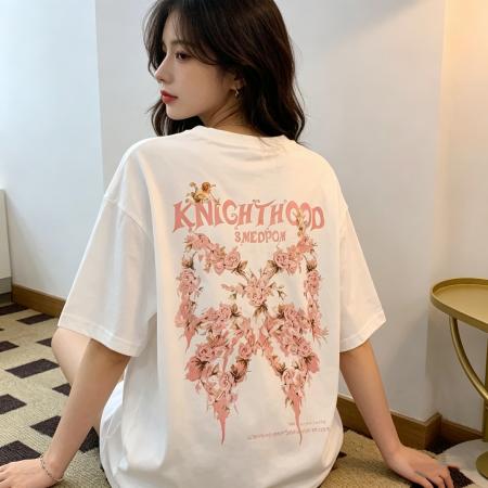 BY22409# 夏装纯棉圆领后包条短袖T恤女宽松大版新款女T 服裝批發女裝批發服飾貨源