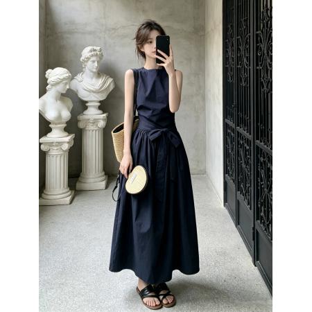 BY22410# 小众设计藏青色无袖连衣裙女夏新款收腰显瘦爆款背心长裙爆款 服裝批發女裝批發服飾貨源
