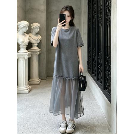 BY22411# 夏季新款灰色网纱拼接T恤连衣裙女宽松中长款显瘦假两件裙子 服裝批發女裝批發服飾貨源