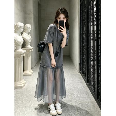 BY22411# 夏季新款灰色网纱拼接T恤连衣裙女宽松中长款显瘦假两件裙子 服裝批發女裝批發服飾貨源