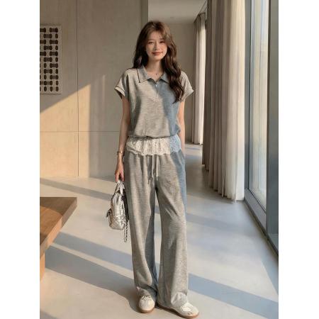 BY22412# 夏季新款灰色休闲套装女polo领拼接蕾丝短袖阔腿裤显瘦两件套 服裝批發女裝批發服飾貨源