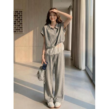 BY22412# 夏季新款灰色休闲套装女polo领拼接蕾丝短袖阔腿裤显瘦两件套 服裝批發女裝批發服飾貨源
