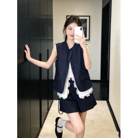 BY22413# 新款法式蕾丝拼接亚麻马甲短裤套装女夏季减龄显瘦气质两件套 服裝批發女裝批發服飾貨源
