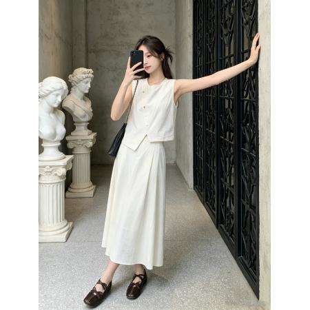BY22417# 夏季新款气质极简风亚麻白色马甲半身裙套装女轻熟风两件套 服裝批發女裝批發服飾貨源