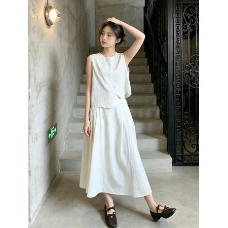 BY22417# 夏季新款气质极简风亚麻白色马甲半身裙套装女轻熟风两件套 服裝批發女裝批發服飾貨源