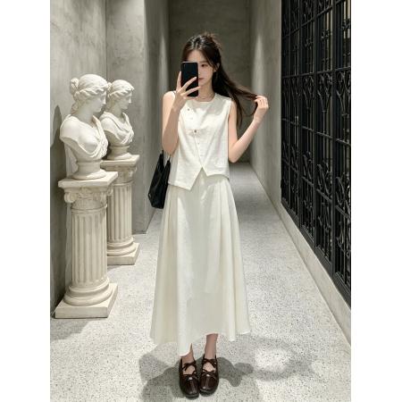 BY22417# 夏季新款气质极简风亚麻白色马甲半身裙套装女轻熟风两件套 服裝批發女裝批發服飾貨源