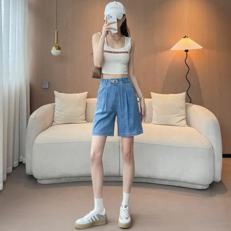 BY22478# 天丝牛仔短裤女夏季薄款大码高腰宽松浅色五分裤冰丝裤腿裤 服裝批發女裝批發服飾貨源