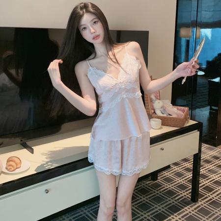 BY22481# 夏季家居服法式性感冰雪丝吊带短裤私房情调纯欲小心机睡衣带胸垫 服裝批發女裝批發服飾貨源