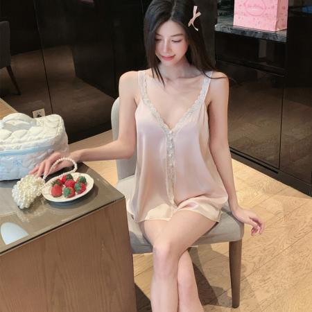 BY22482# 夏季家居服法式性感冰雪丝吊带短裤私房情调纯欲小心机睡衣带胸垫 服裝批發女裝批發服飾貨源