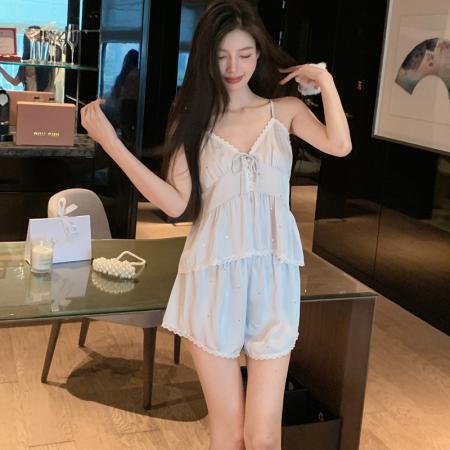 BY22485# 夏季家居服法式性感冰雪丝吊带短裤私房情调纯欲小心机睡衣带胸垫 服裝批發女裝批發服飾貨源