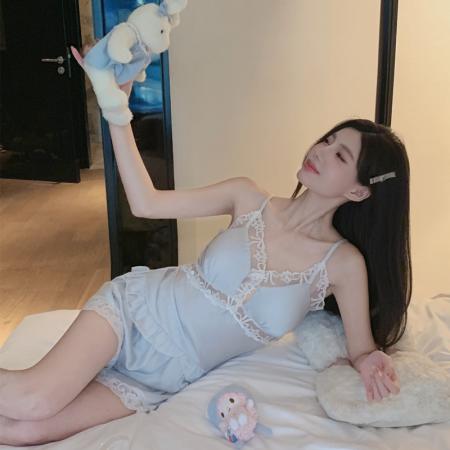 BY22486# 夏季家居服法式性感冰雪丝吊带短裤私房情调纯欲小心机睡衣带胸垫 服裝批發女裝批發服飾貨源