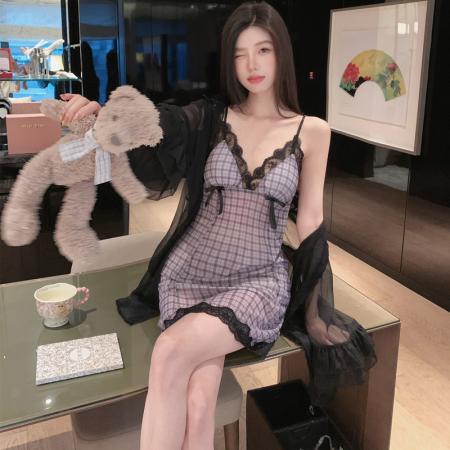 BY22488# 夏季新款女睡衣性感法式蕾丝网纱带胸垫冰丝吊带睡裙袍纯欲风裙子 服裝批發女裝批發服飾貨源