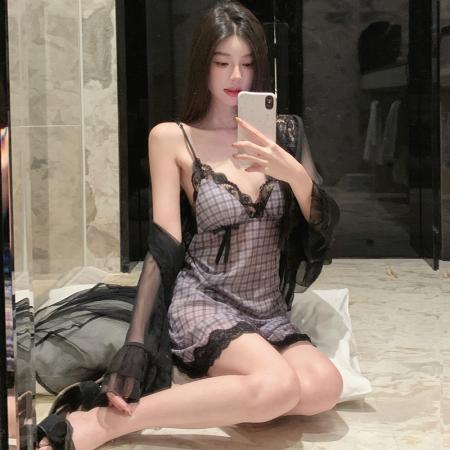 BY22488# 夏季新款女睡衣性感法式蕾丝网纱带胸垫冰丝吊带睡裙袍纯欲风裙子 服裝批發女裝批發服飾貨源