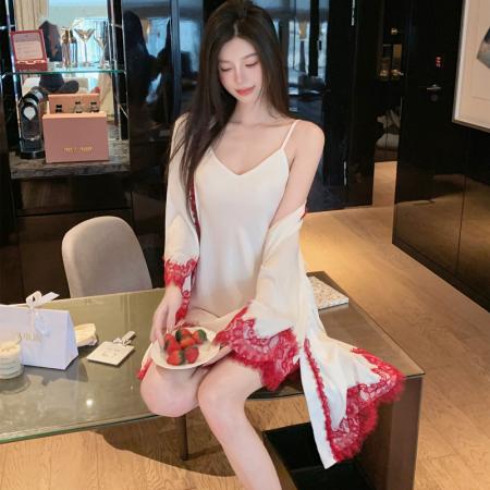 BY22491# 夏季吊带睡裙冰丝缎面高级感两件套冰雪丝吊带睡袍睡衣裙子带胸垫 服裝批發女裝批發服飾貨源
