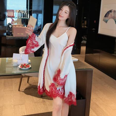 BY22491# 夏季吊带睡裙冰丝缎面高级感两件套冰雪丝吊带睡袍睡衣裙子带胸垫 服裝批發女裝批發服飾貨源