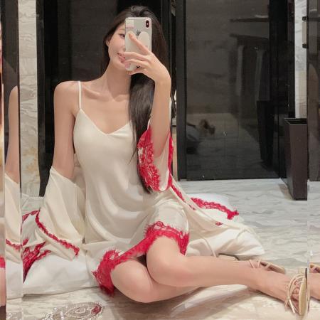 BY22491# 夏季吊带睡裙冰丝缎面高级感两件套冰雪丝吊带睡袍睡衣裙子带胸垫 服裝批發女裝批發服飾貨源