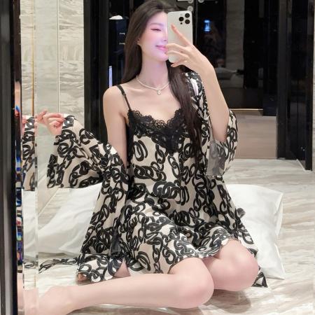 BY22493# 夏季吊带睡裙冰丝缎面高级感两件套冰雪丝吊带睡袍睡衣裙子带胸垫 服裝批發女裝批發服飾貨源