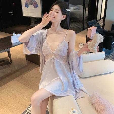 BY22494# 夏季吊带睡裙冰丝缎面高级感两件套冰雪丝吊带睡袍睡衣裙子带胸垫 服裝批發女裝批發服飾貨源