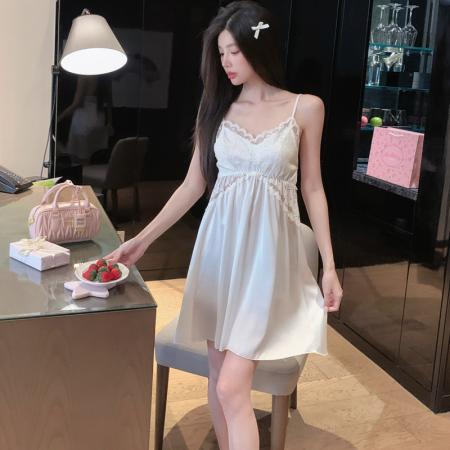 BY22496# 夏季吊带睡裙冰丝缎面高级感冰雪丝吊带睡衣裙子带胸垫 服裝批發女裝批發服飾貨源