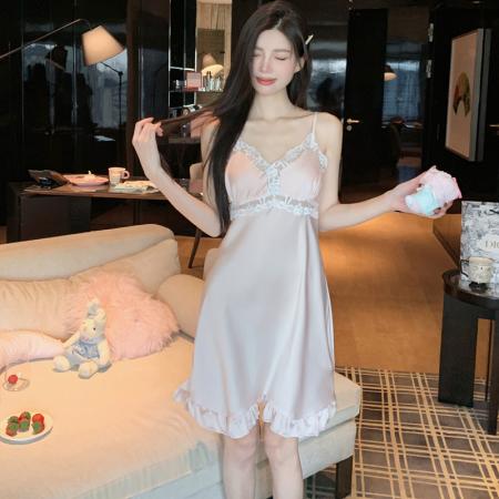 BY22498# 夏季吊带睡裙冰丝缎面高级感冰雪丝吊带睡衣裙子带胸垫 服裝批發女裝批發服飾貨源