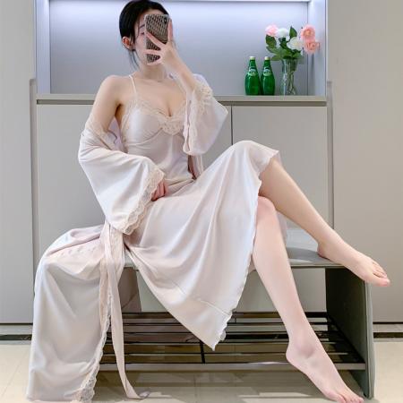 BY22502# 睡衣女春夏季冰丝薄款性感蕾丝吊带网红纯欲风长款真丝绸睡裙套装 服裝批發女裝批發服飾貨源