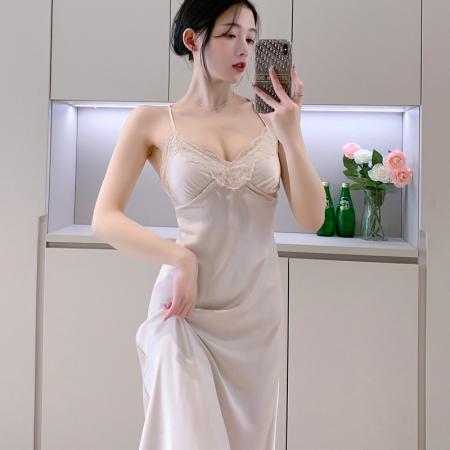 BY22502# 睡衣女春夏季冰丝薄款性感蕾丝吊带网红纯欲风长款真丝绸睡裙套装 服裝批發女裝批發服飾貨源