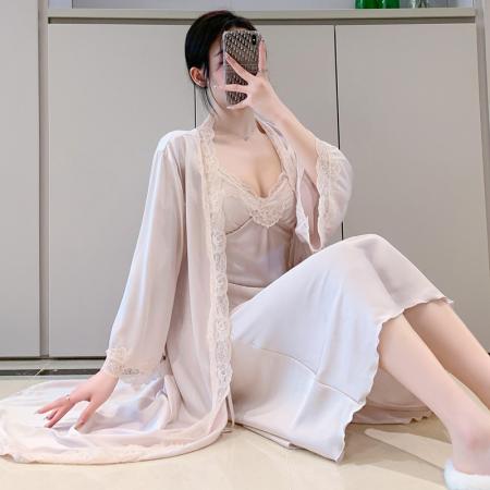 BY22502# 睡衣女春夏季冰丝薄款性感蕾丝吊带网红纯欲风长款真丝绸睡裙套装 服裝批發女裝批發服飾貨源