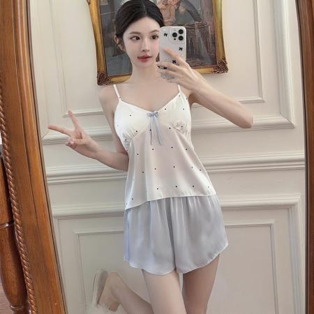 BY22505# 夏季女睡衣丝绸法式甜美吊带蝴蝶花边吊带短裤送胸垫冰雪丝家居服 服裝批發女裝批發服飾貨源