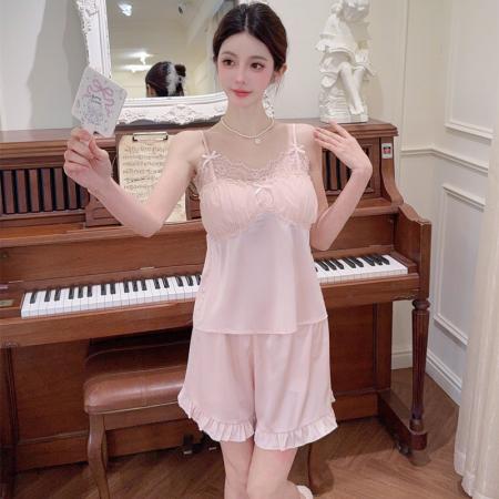 BY22506# 夏季睡衣丝绸甜美吊带短裤送胸垫冰雪丝法式蕾丝吊带家居服套装 服裝批發女裝批發服飾貨源