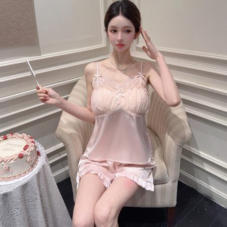BY22506# 夏季睡衣丝绸甜美吊带短裤送胸垫冰雪丝法式蕾丝吊带家居服套装 服裝批發女裝批發服飾貨源
