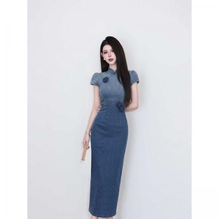 BY22521# 蓝色新中式国风改良旗袍连衣裙女春季长裙小众设计感高端礼服裙子 服裝批發女裝批發服飾貨源