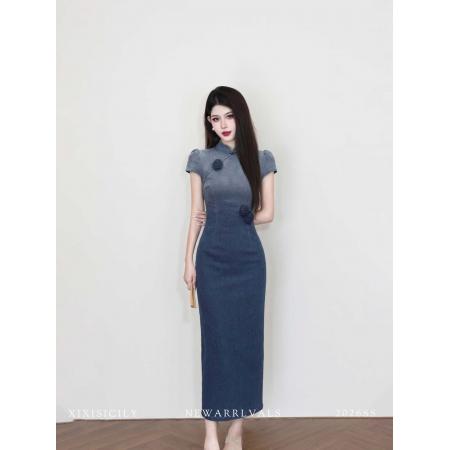 BY22521# 蓝色新中式国风改良旗袍连衣裙女春季长裙小众设计感高端礼服裙子 服裝批發女裝批發服飾貨源