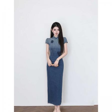 BY22521# 蓝色新中式国风改良旗袍连衣裙女春季长裙小众设计感高端礼服裙子 服裝批發女裝批發服飾貨源