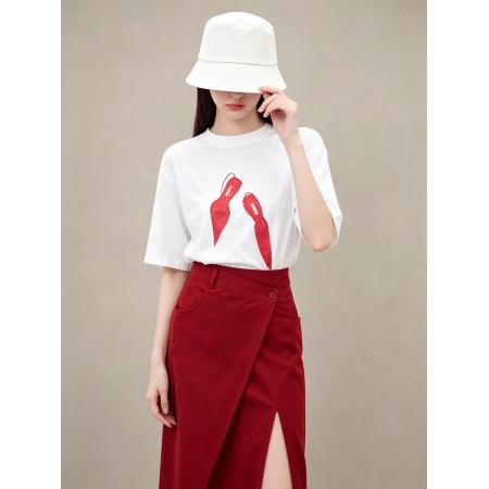 BY22541# 夏季新款印花短袖T恤+红色开叉半身裙套装女高级感气质两件套 服裝批發女裝批發服飾貨源