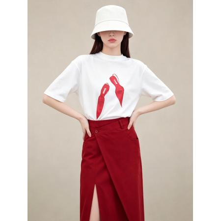 BY22541# 夏季新款印花短袖T恤+红色开叉半身裙套装女高级感气质两件套 服裝批發女裝批發服飾貨源