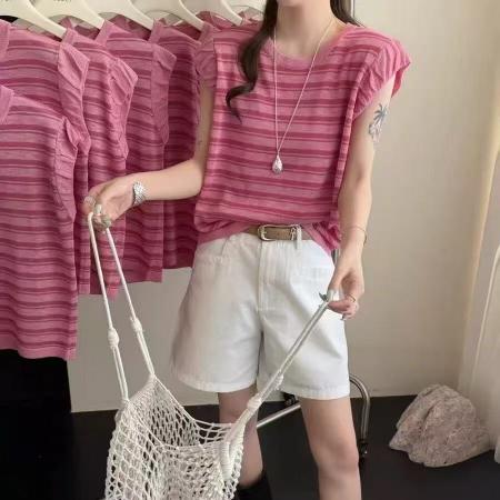 BY22549# 欧货夏季新品时尚无袖花边圆领粉色条纹冰丝亚麻针织衫女洋气上衣 服裝批發女裝批發服飾貨源