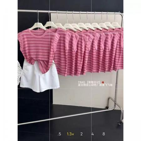 BY22549# 欧货夏季新品时尚无袖花边圆领粉色条纹冰丝亚麻针织衫女洋气上衣 服裝批發女裝批發服飾貨源