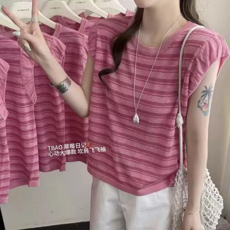 BY22549# 欧货夏季新品时尚无袖花边圆领粉色条纹冰丝亚麻针织衫女洋气上衣 服裝批發女裝批發服飾貨源